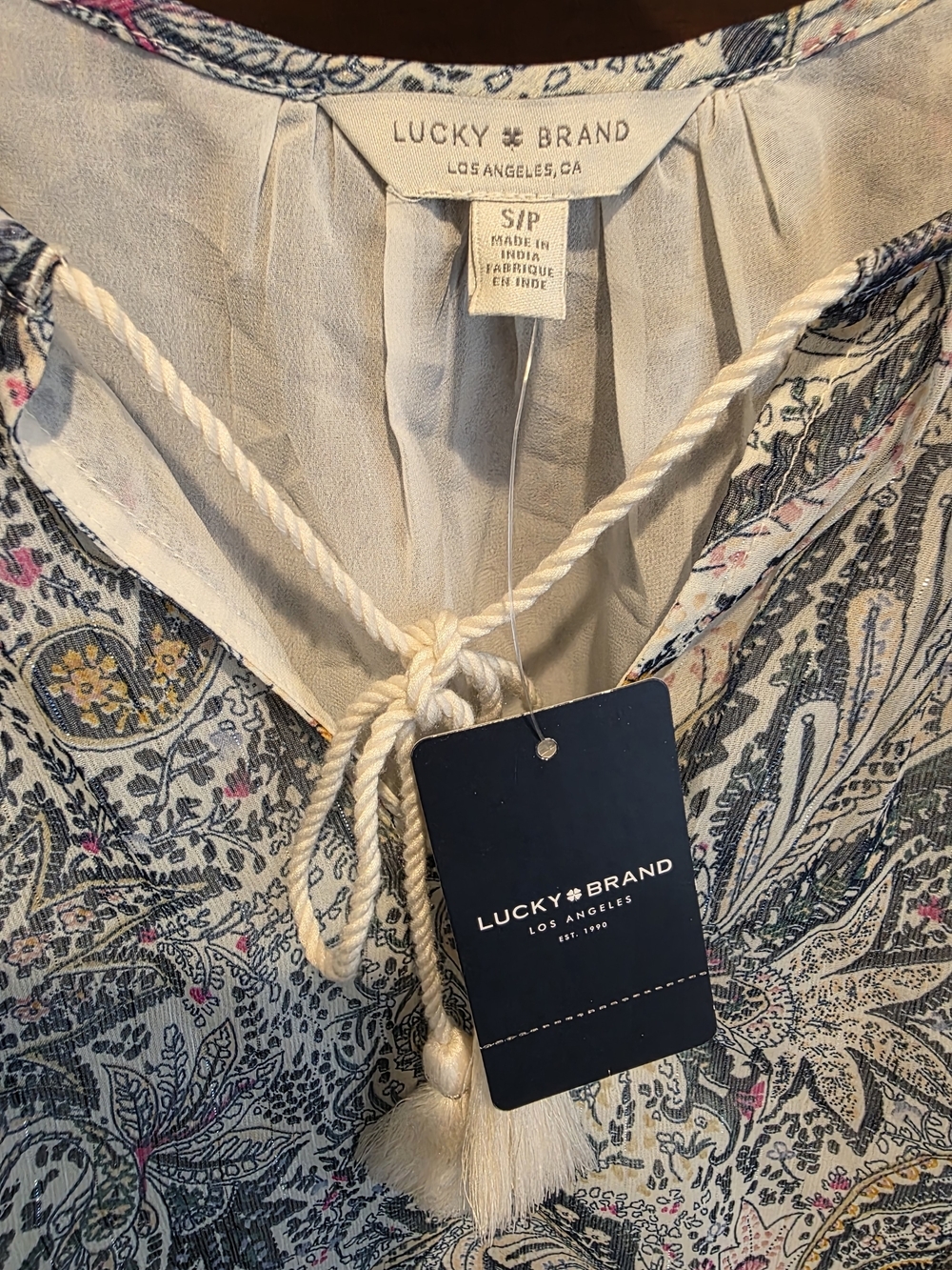 Lucky Brand Blue Paisley Tie-Neck Flutter Sleeve Blouse - Picture 3 of 5